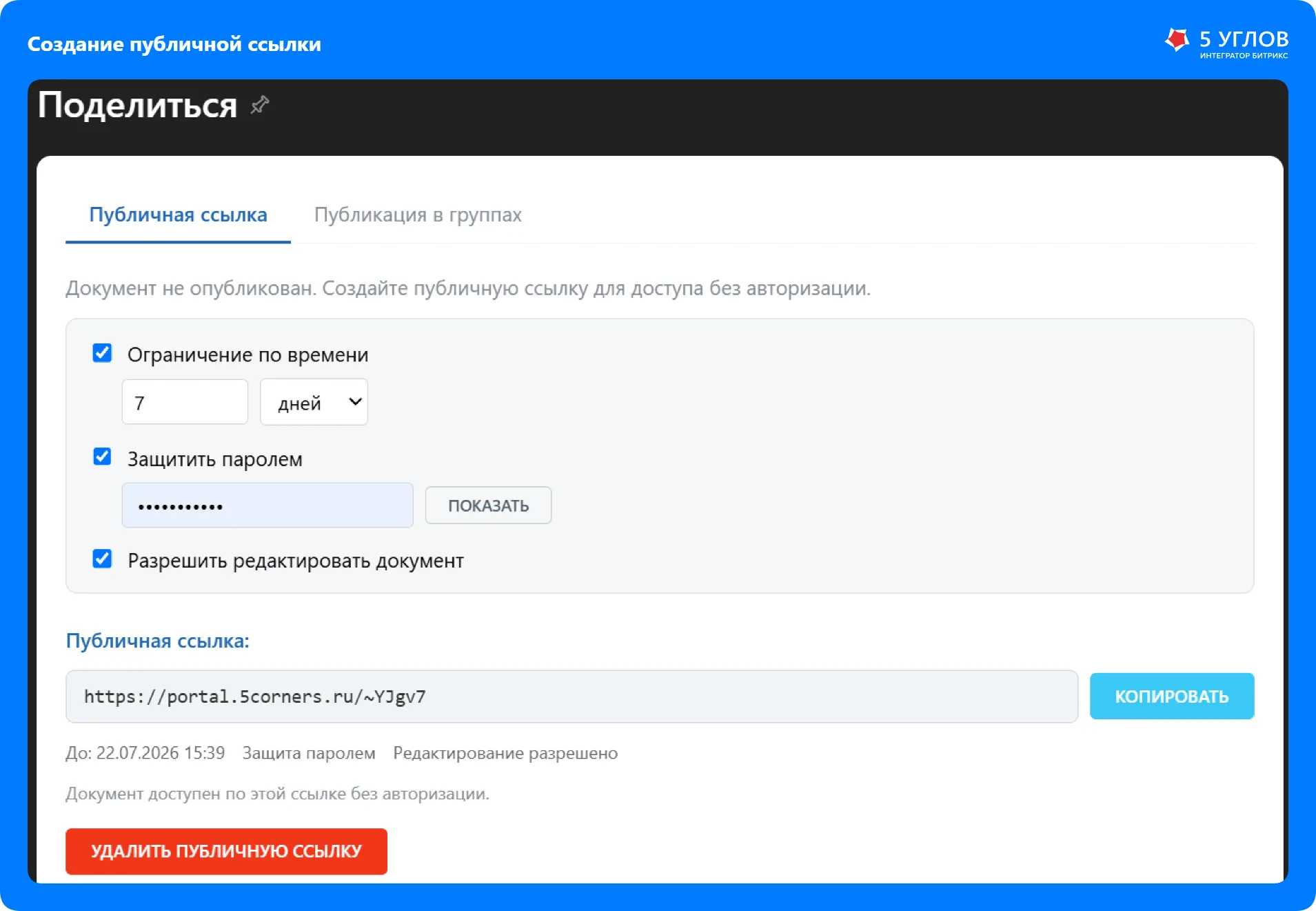 Настройки публичной ссылки на документ